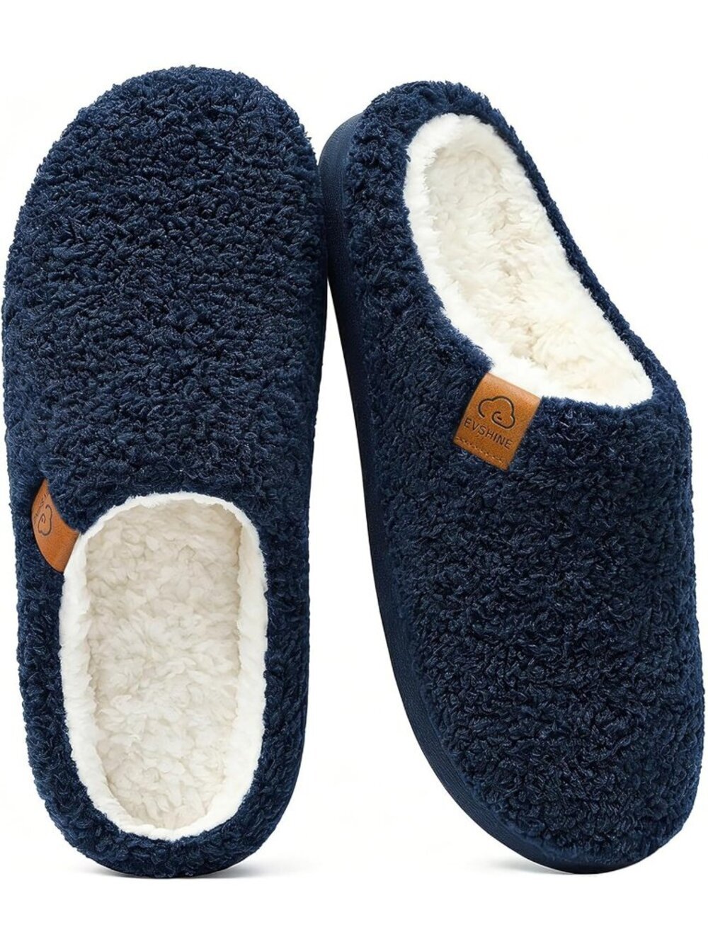 Women Navy Pull-On Curly Fleece House Shoes Warm Indoor Outdoor Fuzzy Slippers